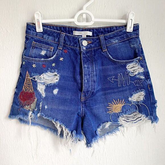 Zara Embroidered Ice Cream Denim Shorts High Rise Button Fly Cut offs US 2 - Picture 1 of 9